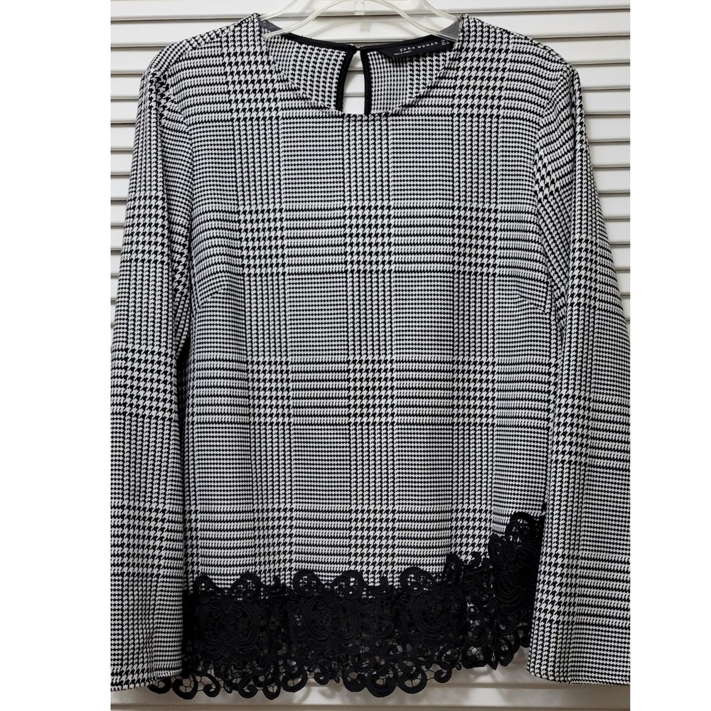 Unique Black White Plaid Lace Trim Blouse Woman L  Sophisticated Business/Fancy